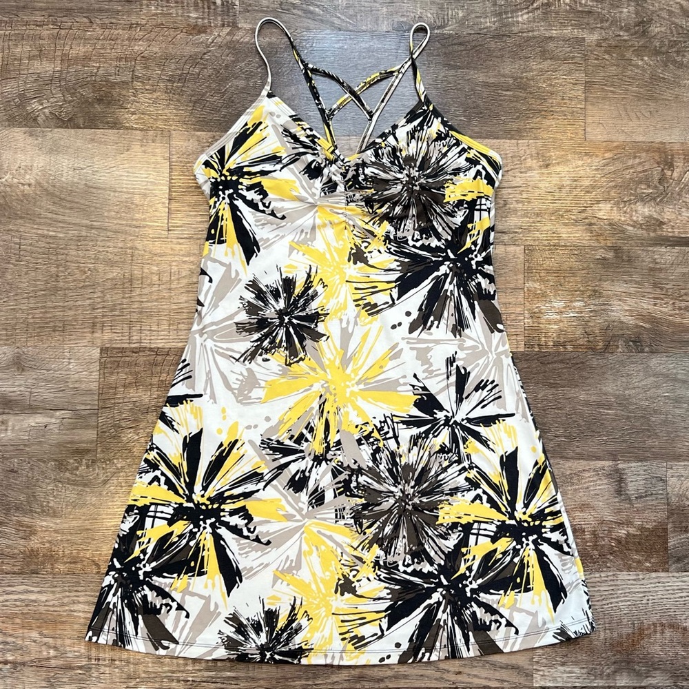 Prana Floral Summer Tank Dress Yellow and Black with Strappy Racerback Large